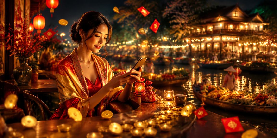 Phong bì đỏ may mắn và ly cà phê Đà Lạt — hình ảnh giao dịch thưởng trong không khí lễ hội Việt Nam