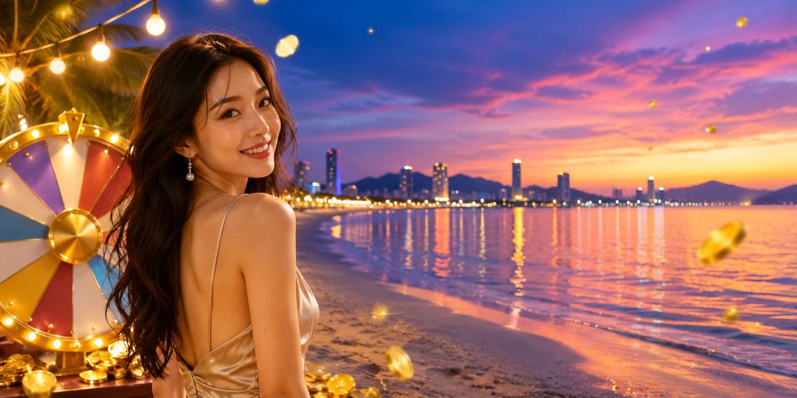 Bãi biển Đà Nẵng về đêm kết hợp hình ảnh roulette gợi lên không khí giải trí sôi động ven biển