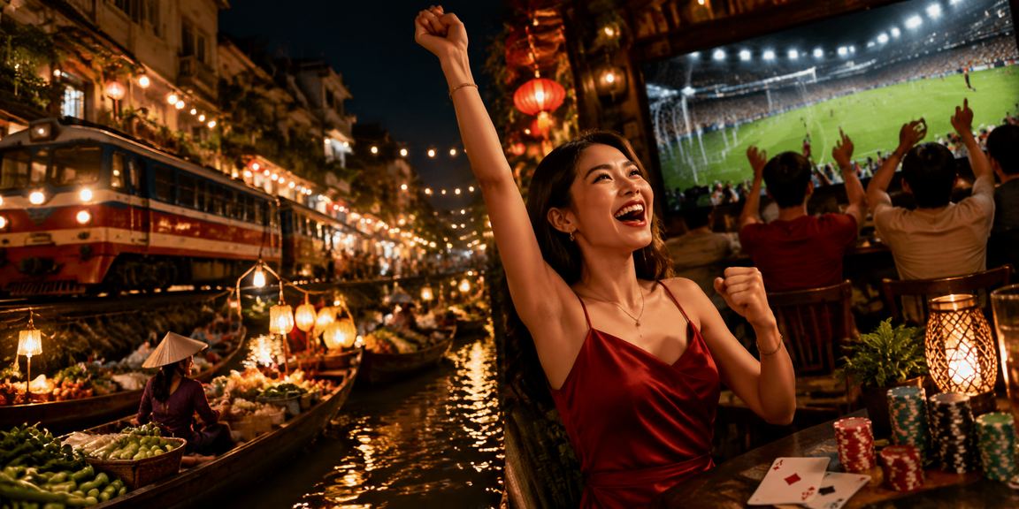 Không gian casino neon về đêm tại Hà Nội, gợi không khí giải trí trực tuyến sôi động
